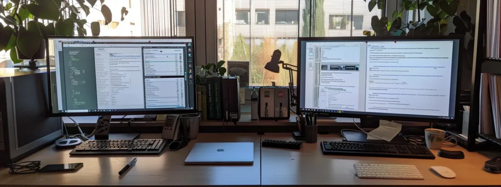 Two computer monitors displaying a comparison of Interfax and eFax sit on a desk.