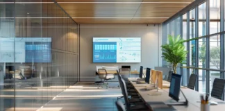 Modern office featuring glass walls and large windows