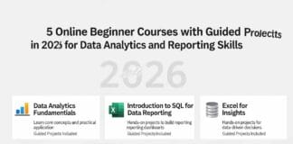Explore five online beginner courses in 2026 with guided projects to master data analytics and reporting skills.