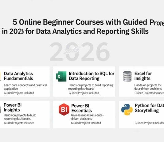 Explore five online beginner courses in 2026 with guided projects to master data analytics and reporting skills.