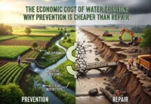 Preventing water erosion saves costs by avoiding expensive repairs, protecting land, infrastructure, and long-term economic impact.
