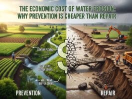 Preventing water erosion saves costs by avoiding expensive repairs, protecting land, infrastructure, and long-term economic impact.