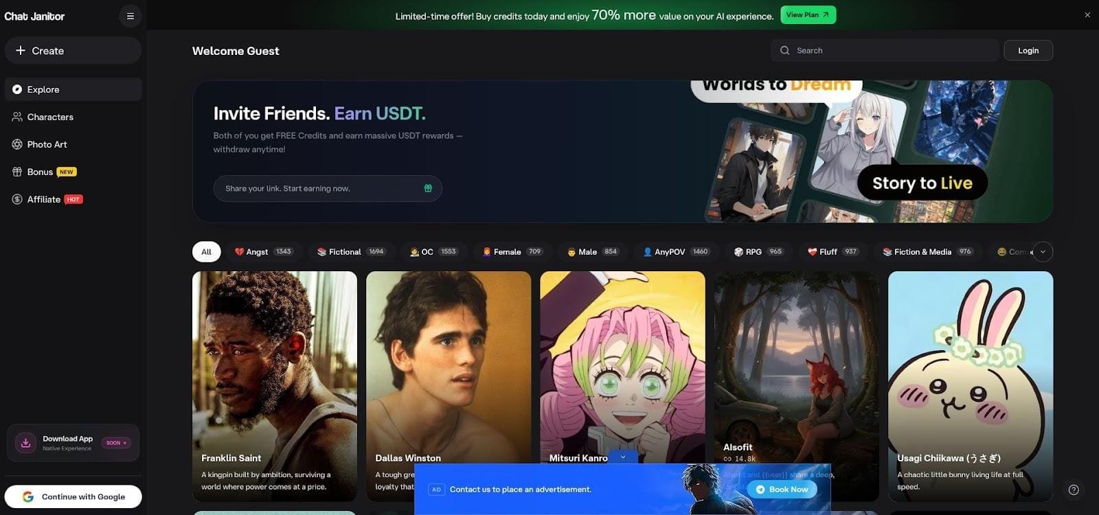 Janitor AI Character Hub – Large Community Character Directory Screenshot.