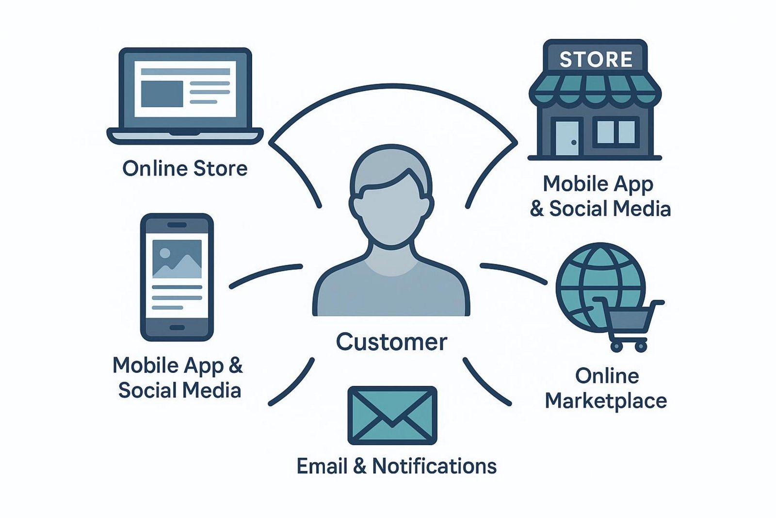 A modern infographic showing an omnichannel retail experience with a customer connected to online and physical touchpoints.