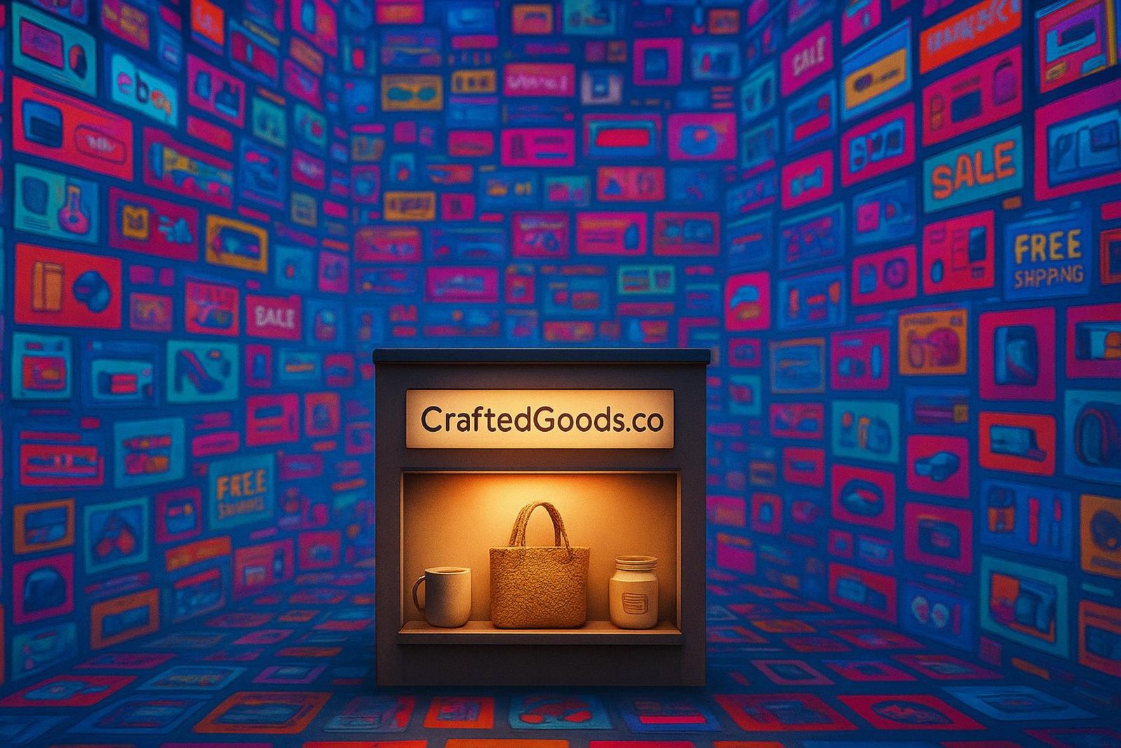 A small online store stands out in a chaotic collage of logos and ads representing a saturated ecommerce market.