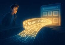 A stylized illustration showing a person on one side of a digital chasm and an online store on the other connected by a glowing bridge labeled Search Visibility.