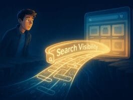 A stylized illustration showing a person on one side of a digital chasm and an online store on the other connected by a glowing bridge labeled Search Visibility.