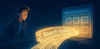 How Online Retail Leaders Can Turn Search Visibility Into Business Growth A stylized illustration showing a person on one side of a digital chasm and an online store on the other connected by a glowing bridge labeled Search Visibility.