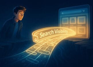A stylized illustration showing a person on one side of a digital chasm and an online store on the other connected by a glowing bridge labeled Search Visibility.
