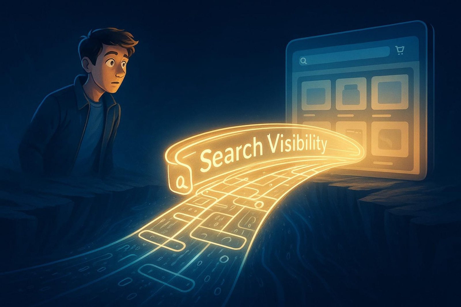 A stylized illustration showing a person on one side of a digital chasm and an online store on the other connected by a glowing bridge labeled Search Visibility.