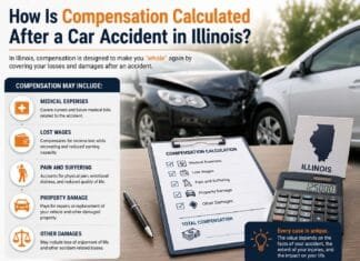 How Is Compensation Calculated After a Car Accident in Illinois? Illinois car accident compensation factors in medical bills, lost wages, property damage, and pain suffering.