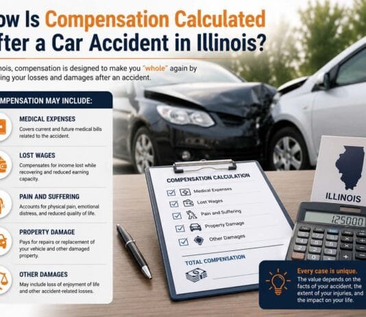 Illinois car accident compensation factors in medical bills, lost wages, property damage, and pain suffering.