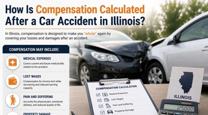 Illinois car accident compensation factors in medical bills, lost wages, property damage, and pain suffering.