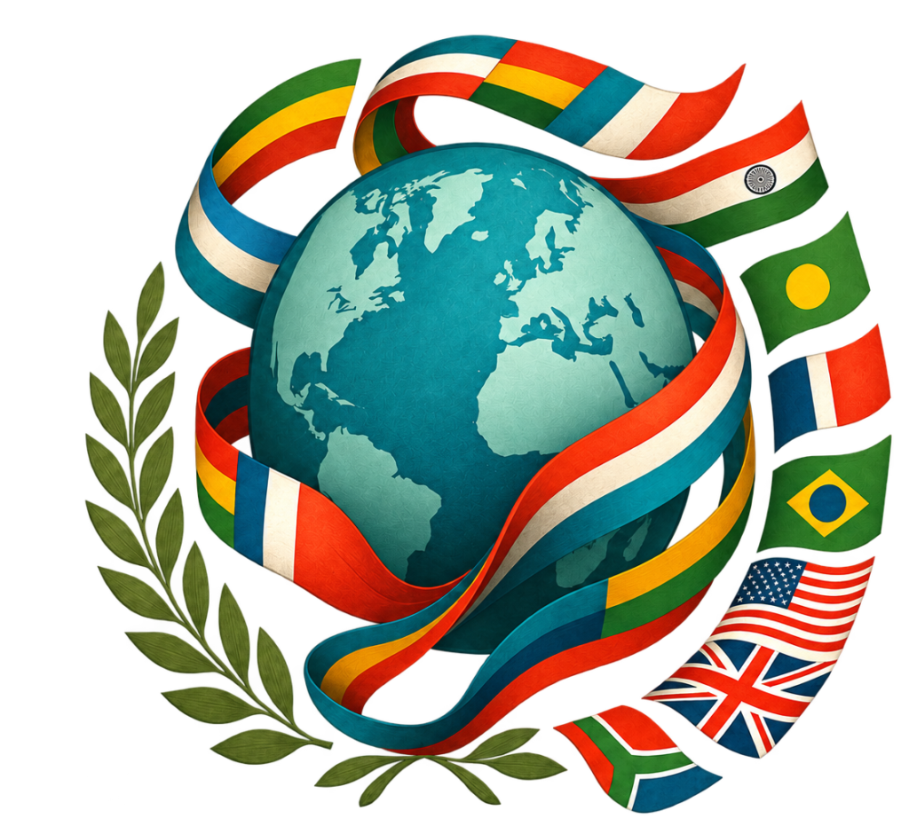 Globe with laurel wreath and flags